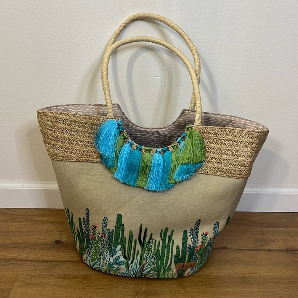Sakroots Artist Circle Lola Beach Bag Natural Mojave Mirage Straw Tassels cactus